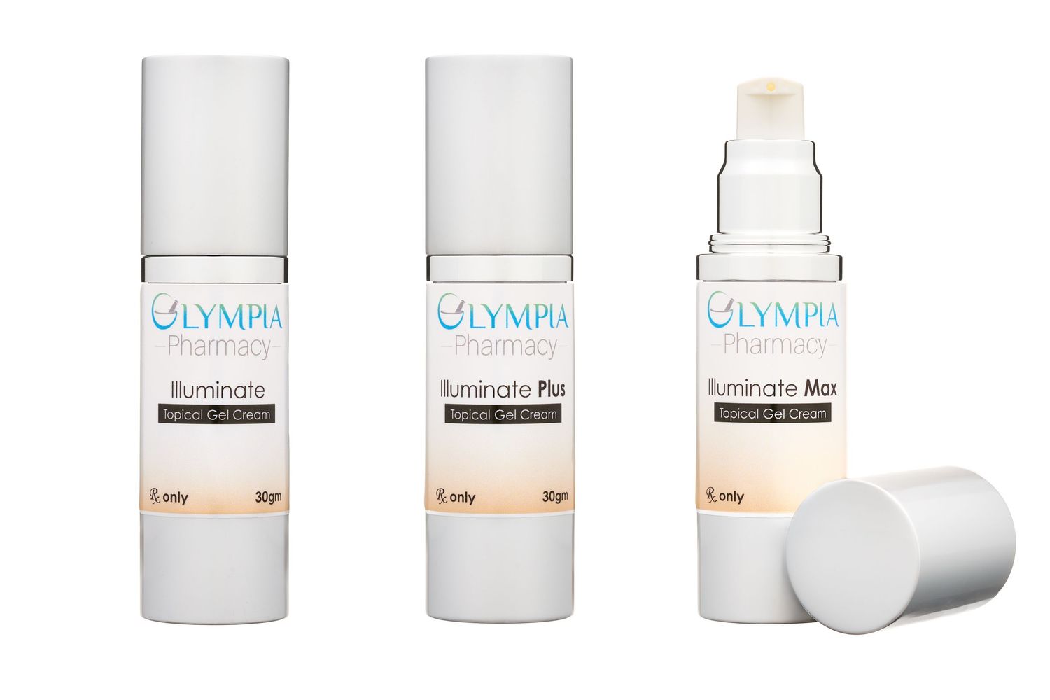 Three white bottles of Glympy moisturizing lotion skincare products displayed in a row on white background.