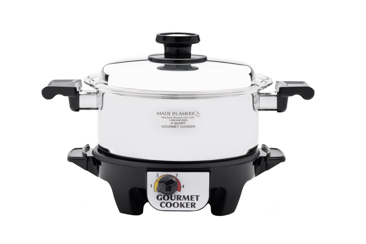 White electric pressure cooker with handles shown from four different angles against a plain background.