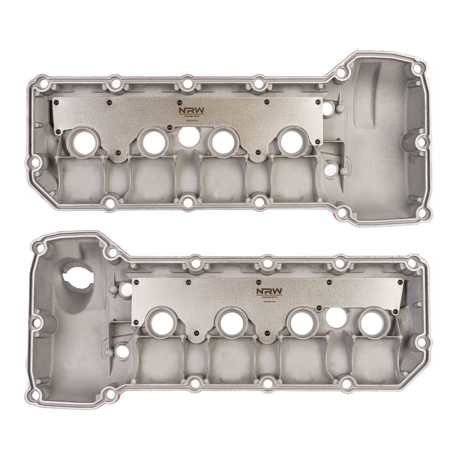 Various gray automotive valve covers and engine parts arranged in a row showing different cylinder configurations.