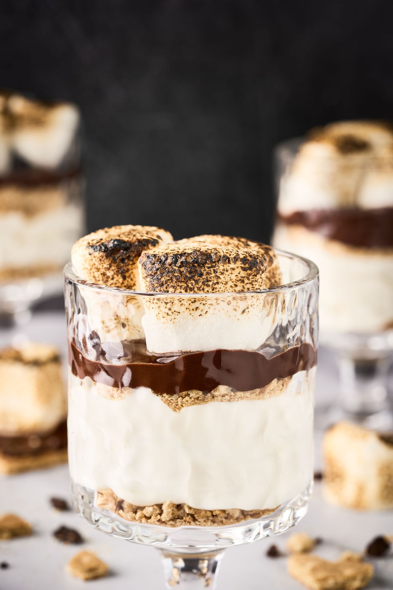 Layered s'mores trifle dessert with chocolate ganache, marshmallow cream and graham cracker crumbs in a crystal glass.