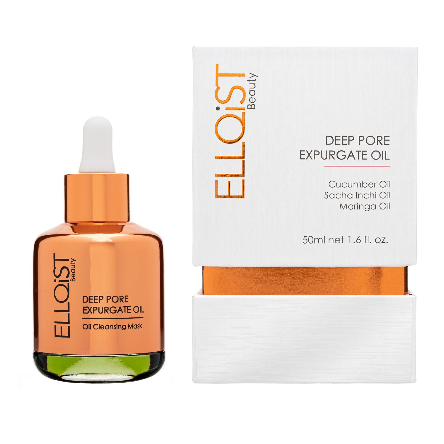 Orange and white skincare jar containing deep pore expurgating oil against white background.