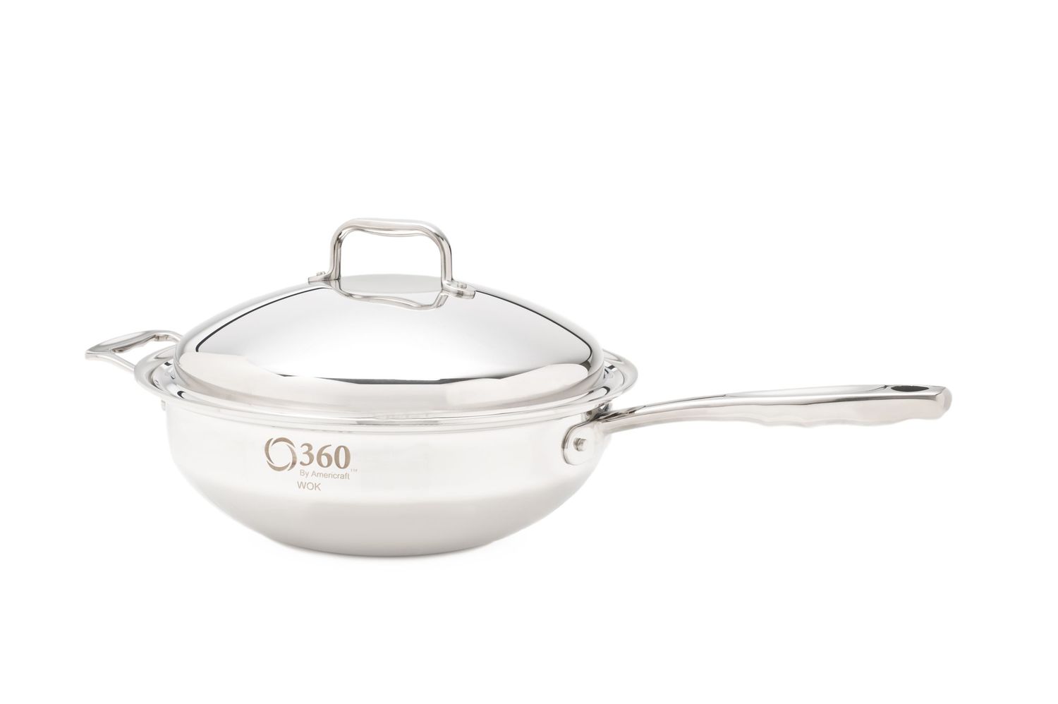 Stainless steel wok pan with glass lid and long handle isolated on white background.