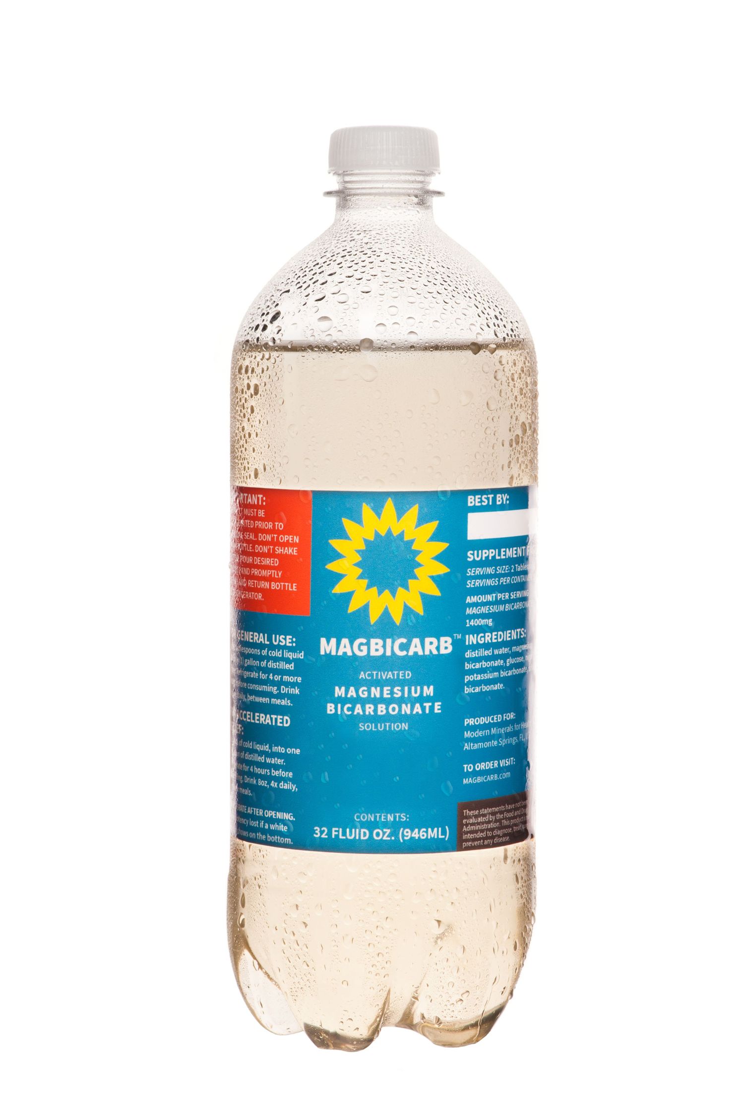 Three clear plastic bottles of Magicarb mineral water with blue and yellow sunburst logo on white labels.