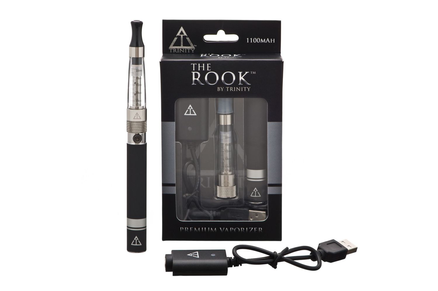Electronic vaping device kit shown with black packaging and USB charger on white background.