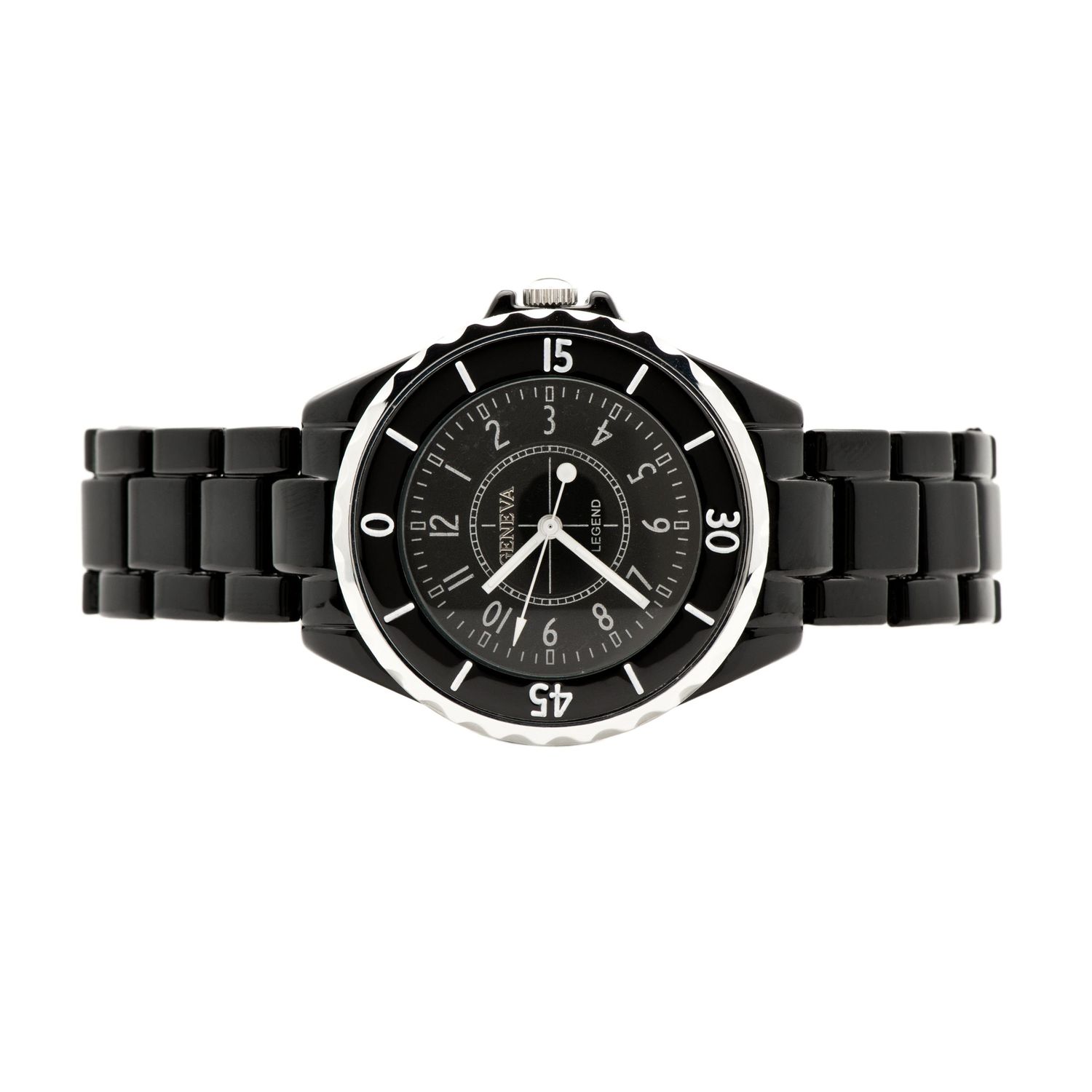 A sleek black wristwatch with white markings shown from multiple side views on a white background.