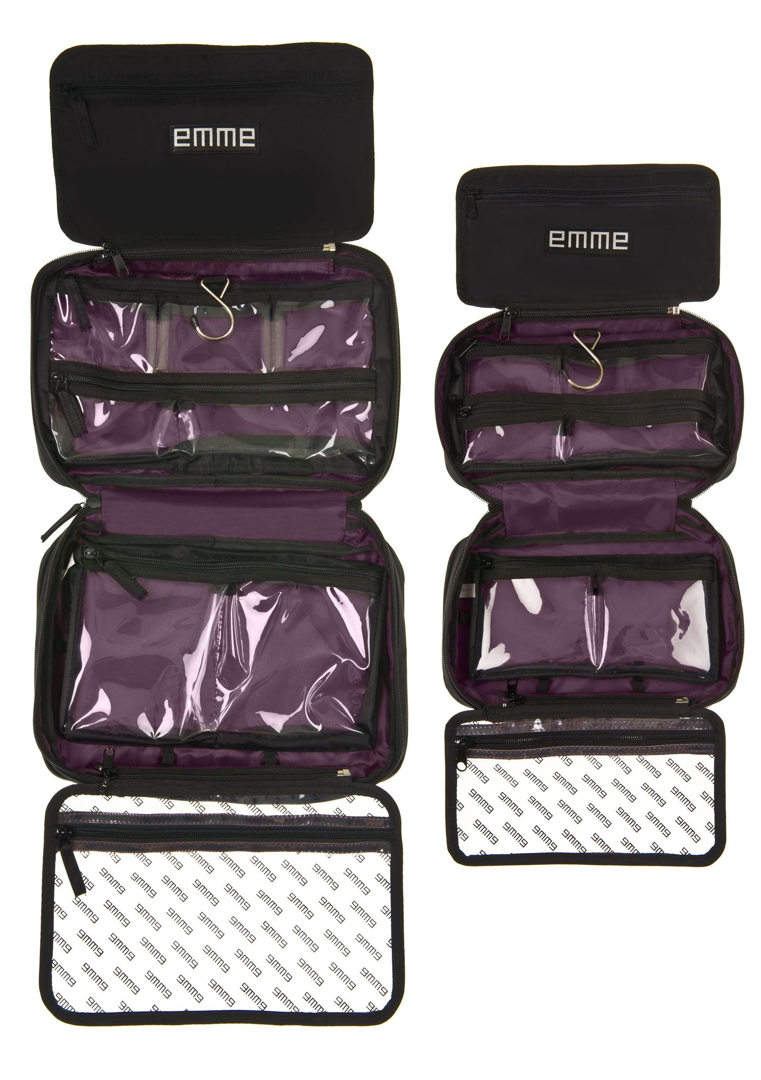 A sequence showing purple and black makeup cosmetics bag unfolding to reveal multiple clear storage compartments.