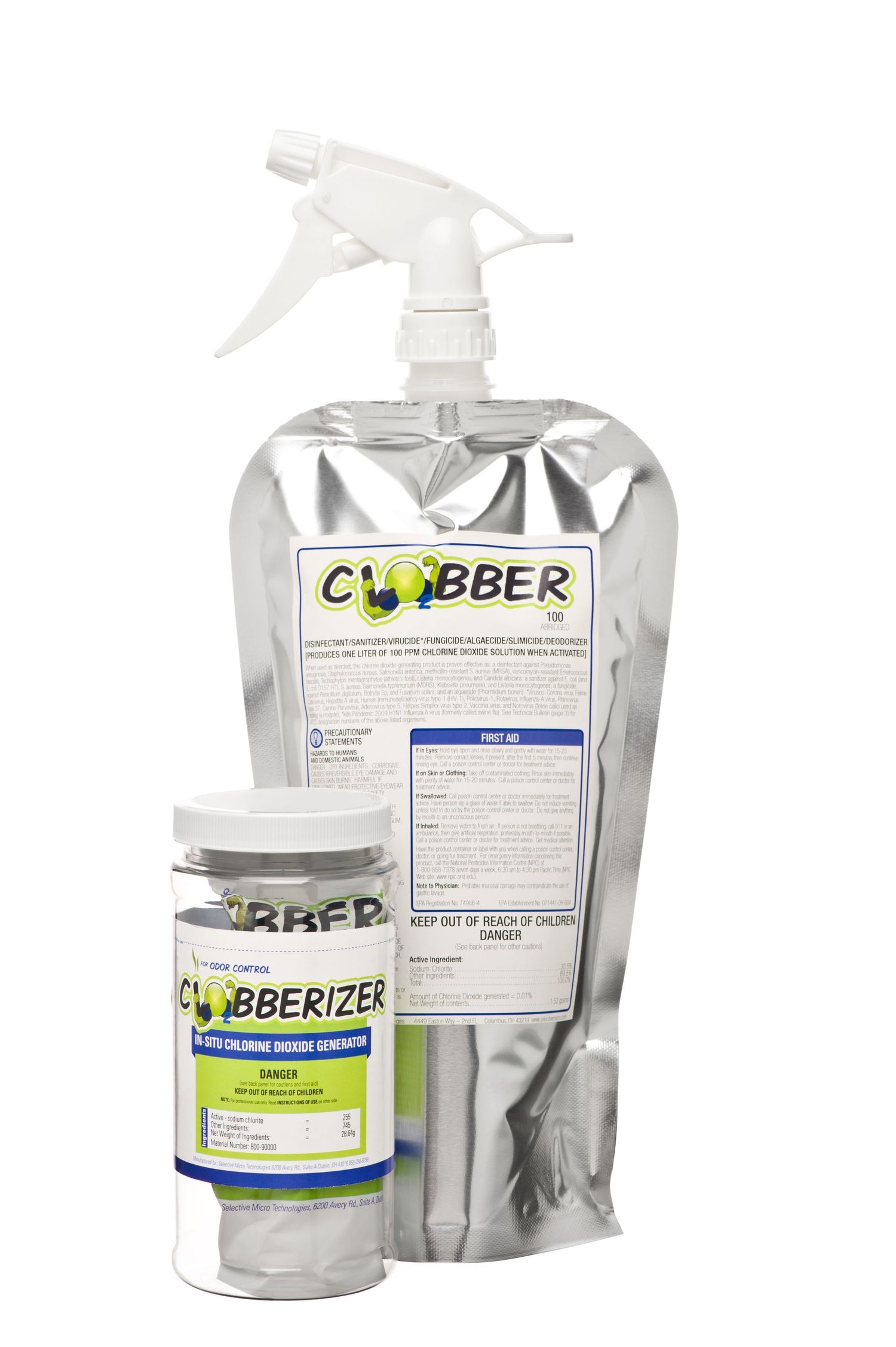 Set of cleaning and disinfectant products in clear plastic containers with white pumps and silver pouch packaging.