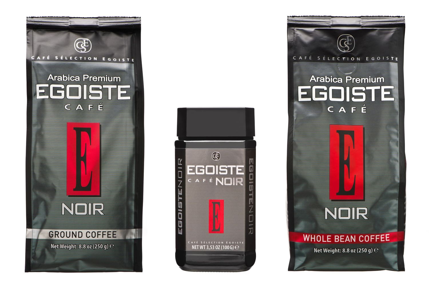 Three packages of Egoiste Noir coffee products featuring dark and red packaging design against a light background.