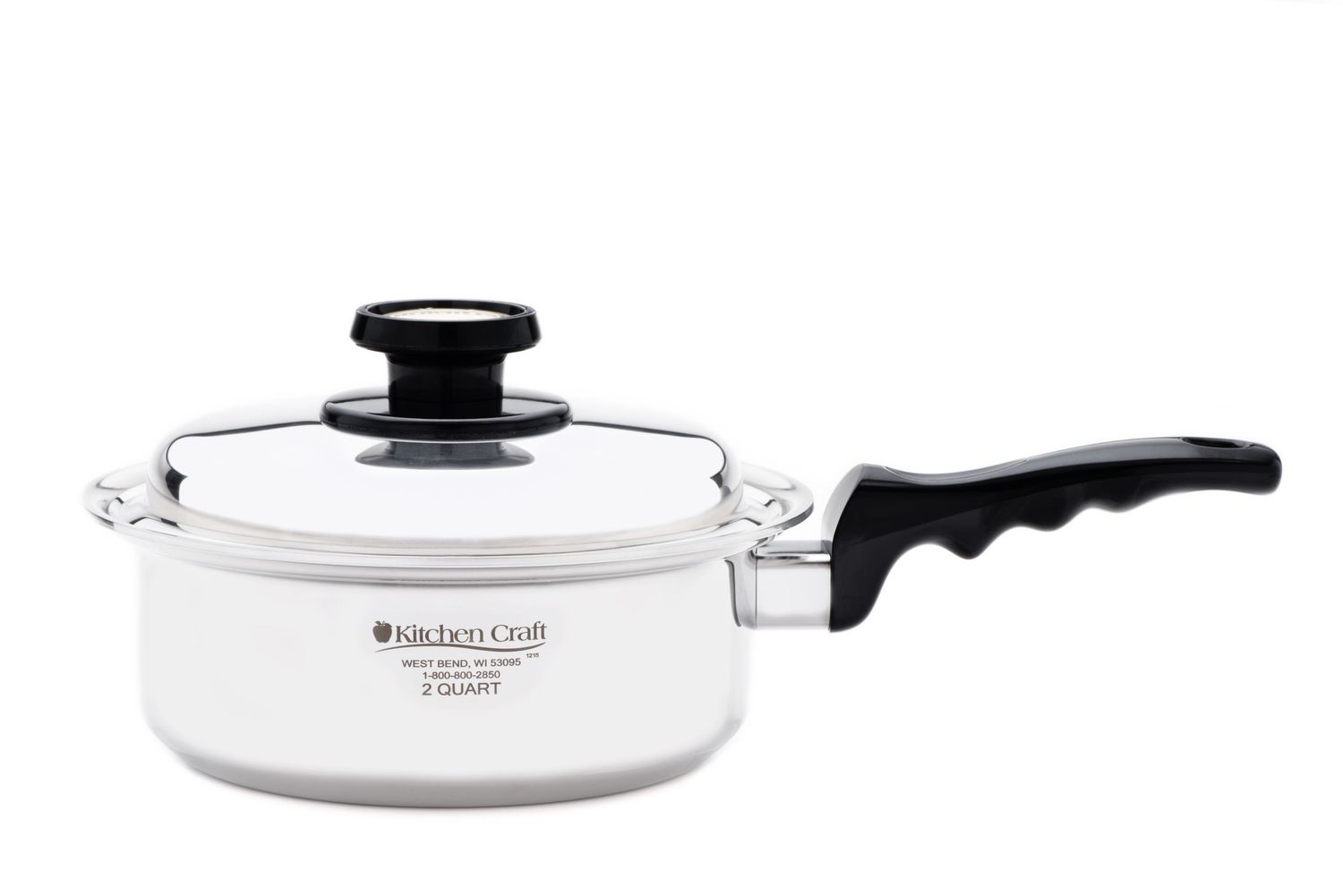 White aluminum saucepan with glass lid and black handle for stovetop cooking.