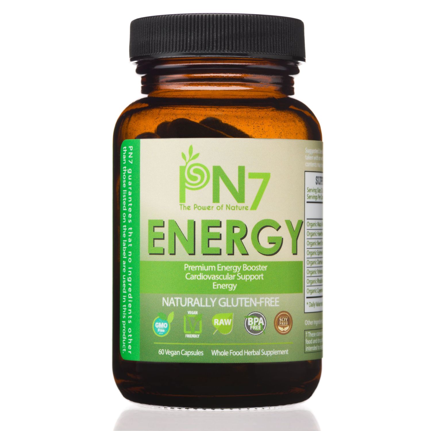 A brown glass bottle of N7 Energy supplement with green label showing natural wellness ingredients and benefits.
