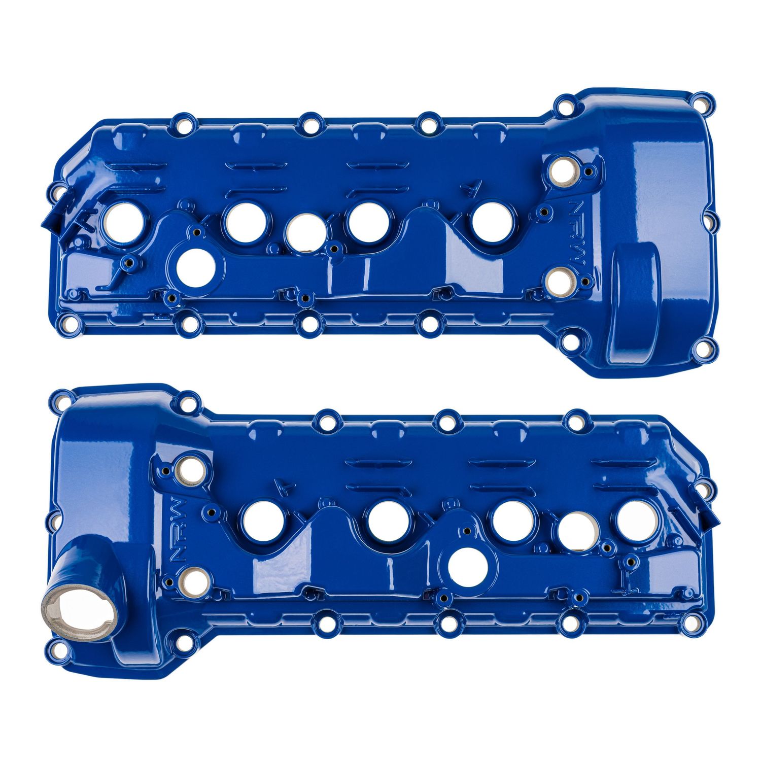 Two bright blue painted valve covers for automotive engine components.