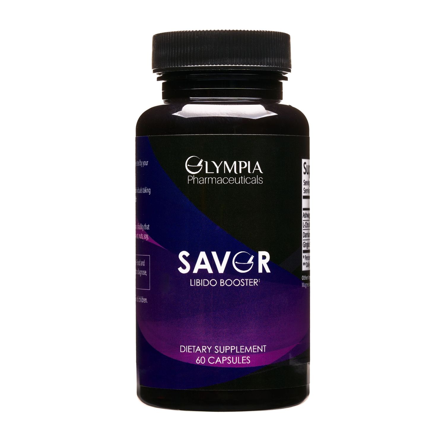 Three black bottles of dietary supplement capsules with purple and blue gradient design labels on white background.