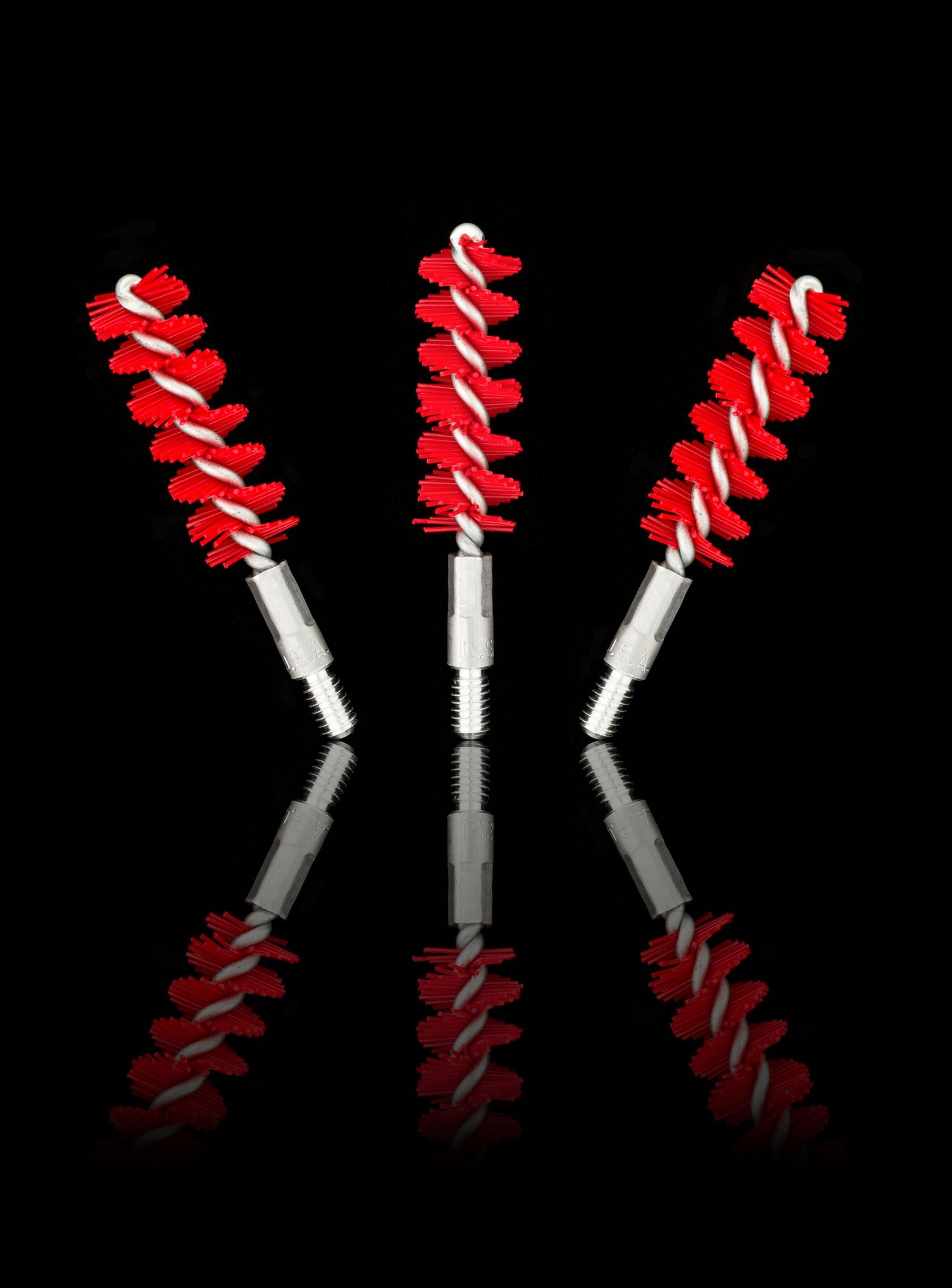 3D rendered white columns with spiraling red helix shapes against a black background shown from multiple angles.