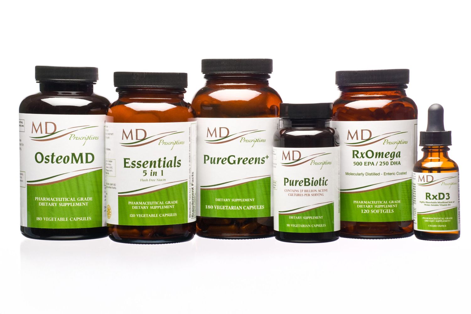 Various natural supplement bottles and tinctures arranged in a row showcasing OsteoMD and other wellness products.