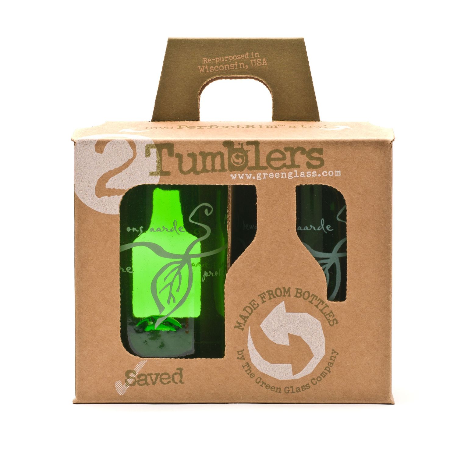 A brown cardboard carrier holds green glass bottles of Tumblers craft beverages with eco-friendly recycling symbols.
