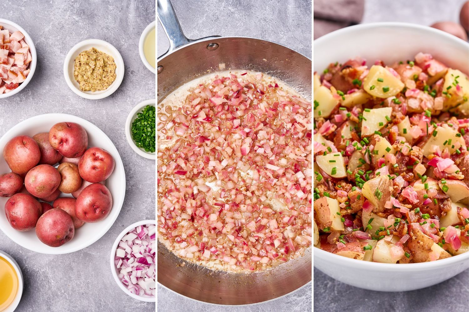 Three-step photo showing fresh red potatoes, ground meat mixture, and finished potato salad with bacon in bowls.