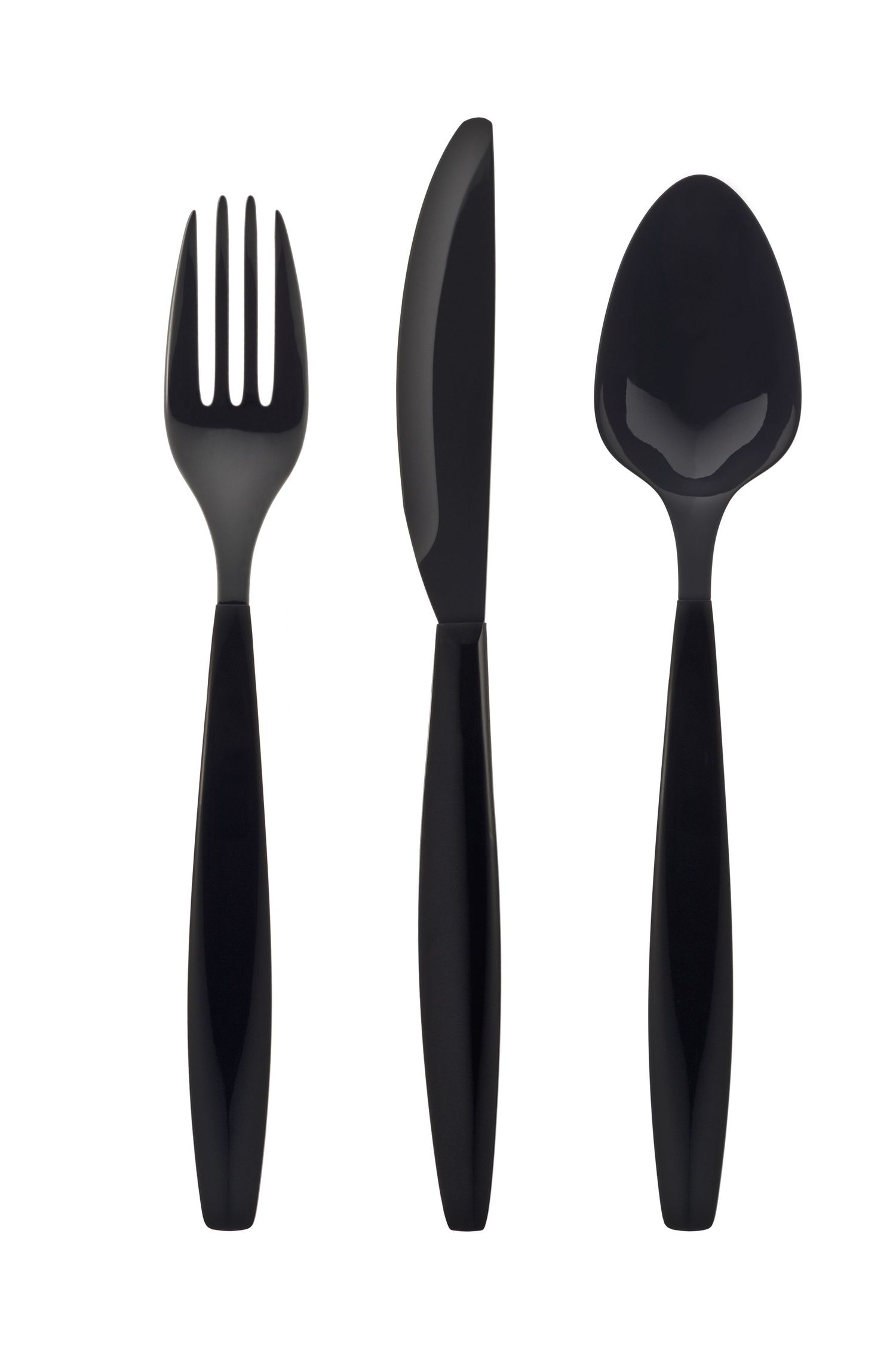 Set of black plastic utensils including fork, knife and spoon against white background.