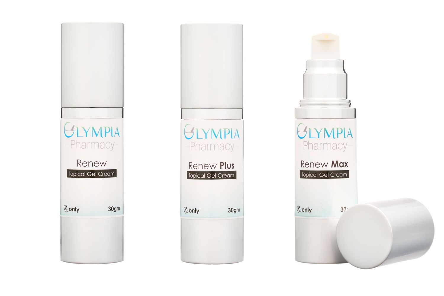 Row of white deodorant containers with blue text against white background.