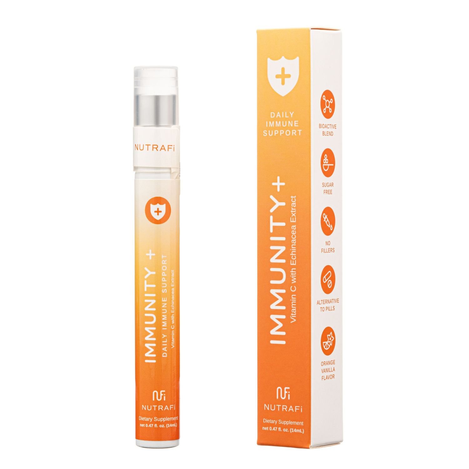 An orange and white product bottle and box for Immunity+ supplement displaying a shield logo and product benefits.