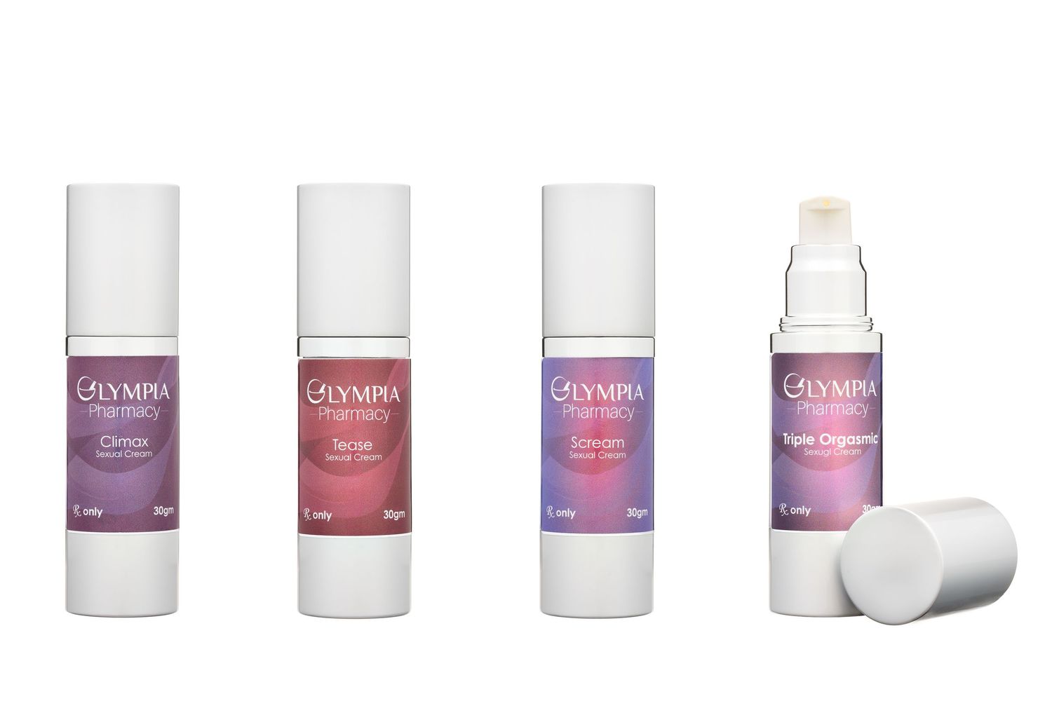 Different views of white skincare product bottles with purple and pink labels lined up in a row.