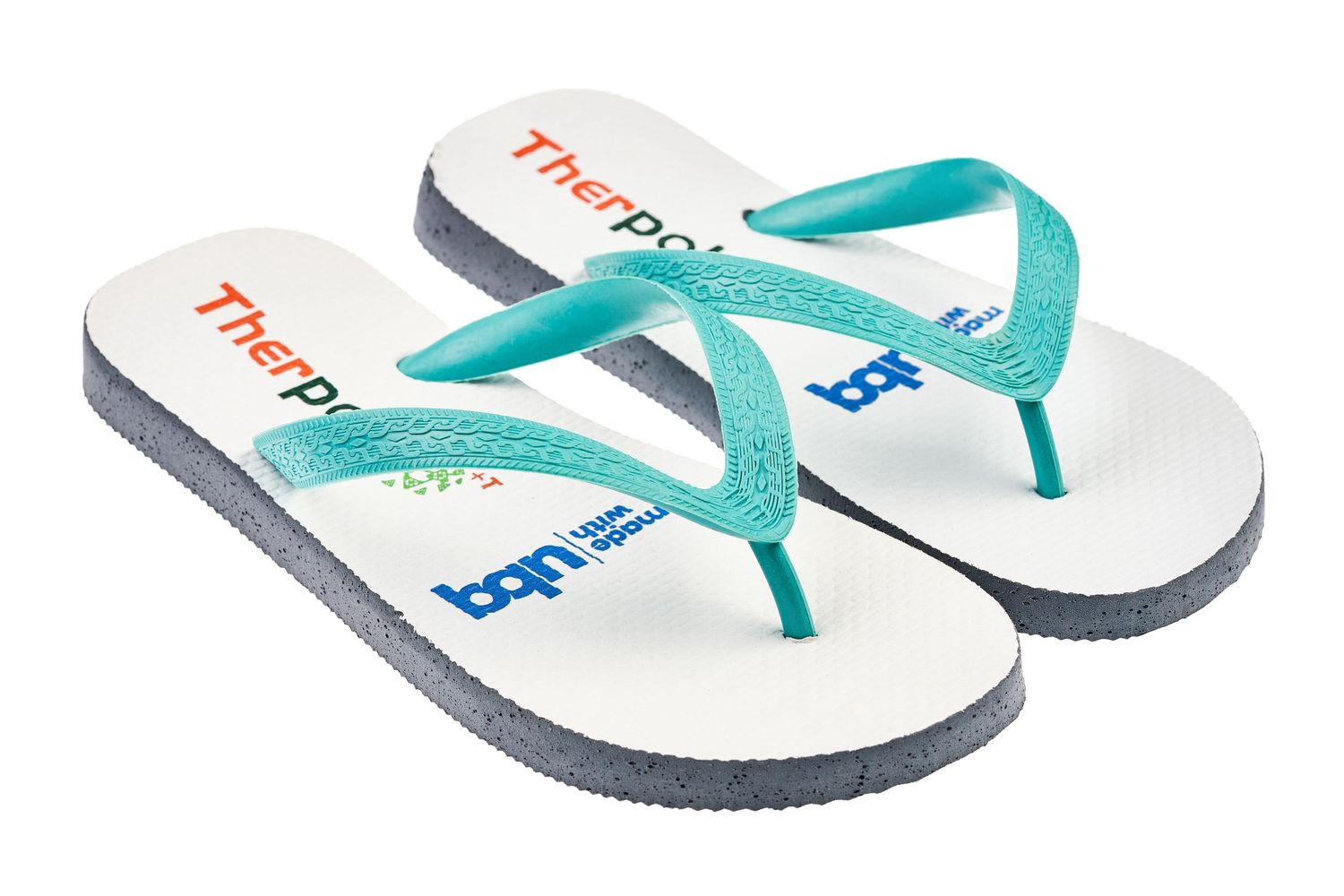 White flip flops with turquoise straps arranged diagonally showcasing multiple angles of the footwear.