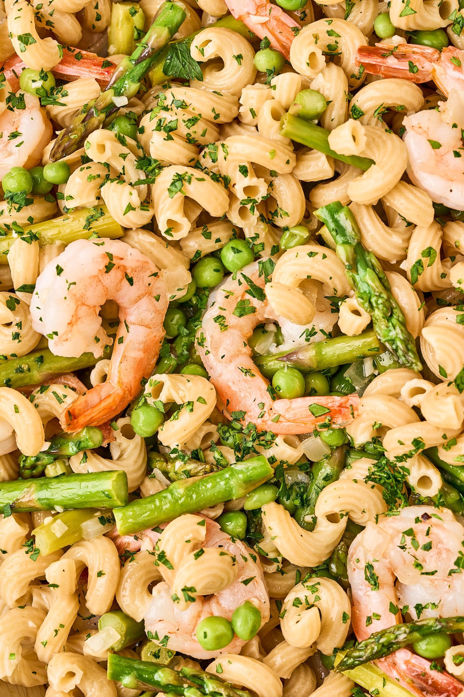Fresh elbow macaroni pasta salad with shrimp, asparagus, peas and herbs in a creamy sauce.