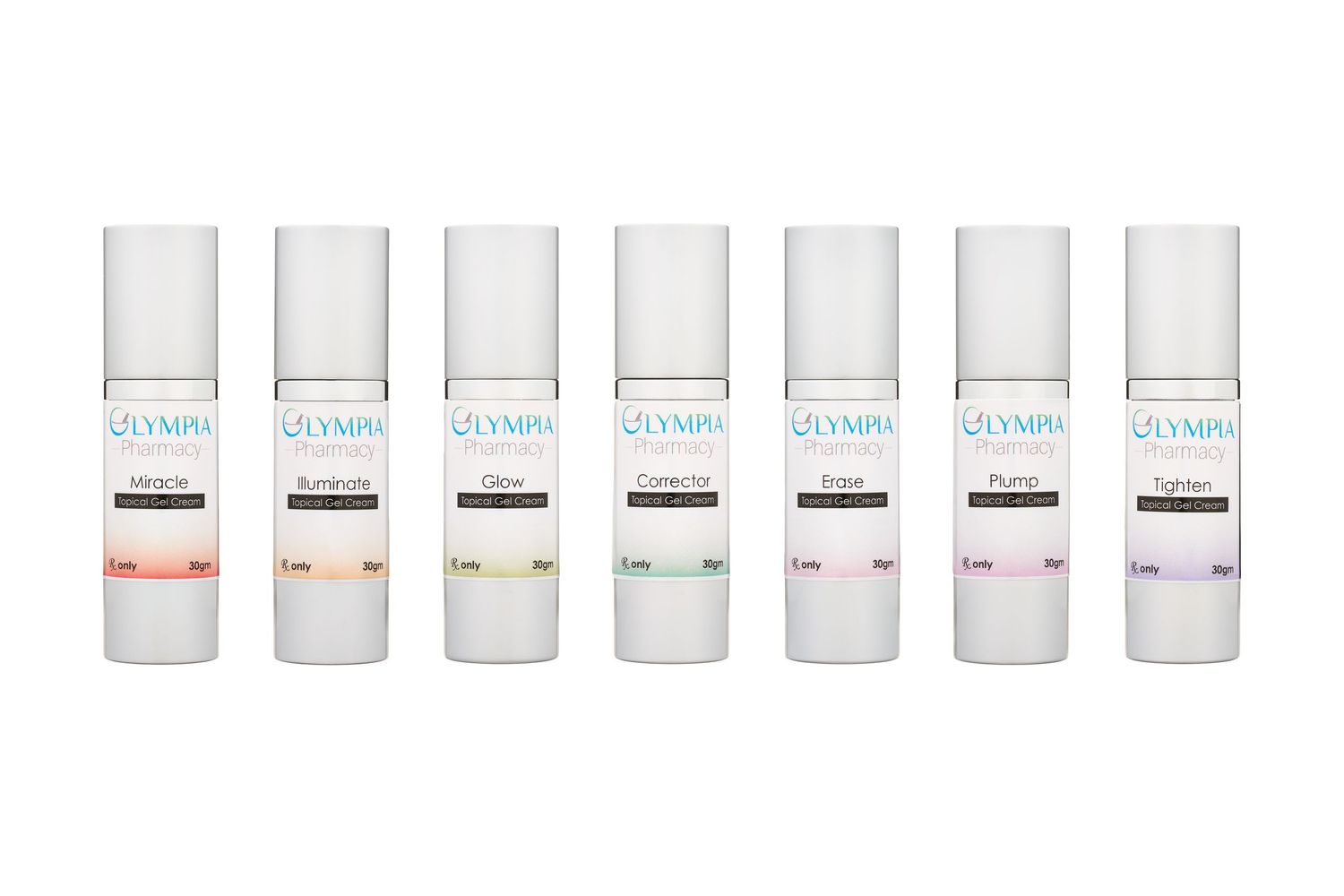Seven white cylindrical skincare product bottles with colorful labels lined up in a row against a white background.