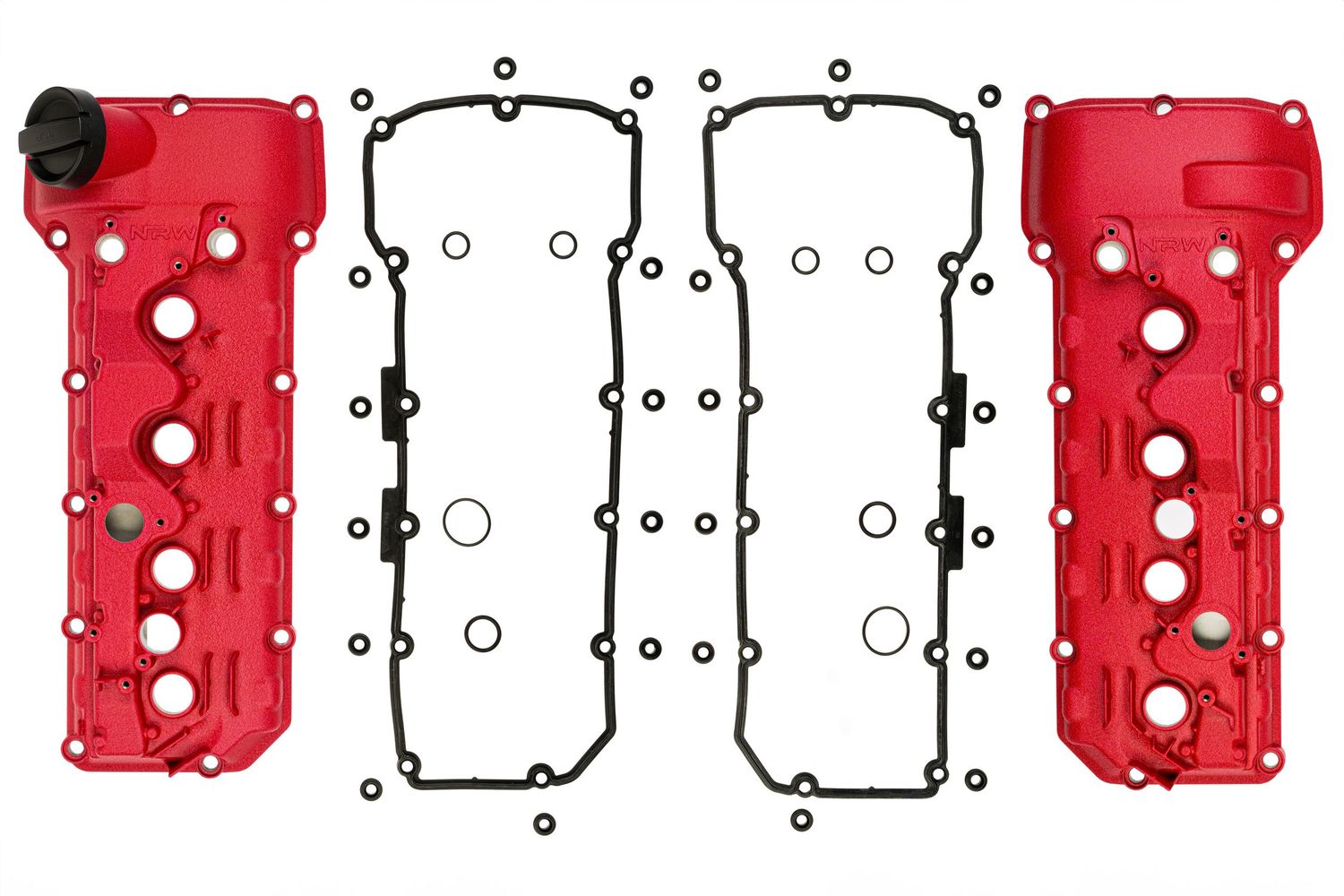 Red automotive cylinder head valve covers and engineering diagrams showing design specifications and bolt hole patterns.