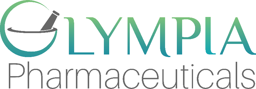 Olympia Pharmaceuticals logo featuring mortar and pestle design in green and gray.