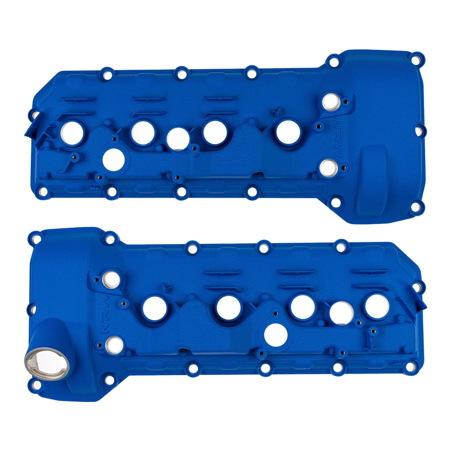 Two bright blue engine valve covers with multiple bolt holes and mounting points arranged symmetrically.