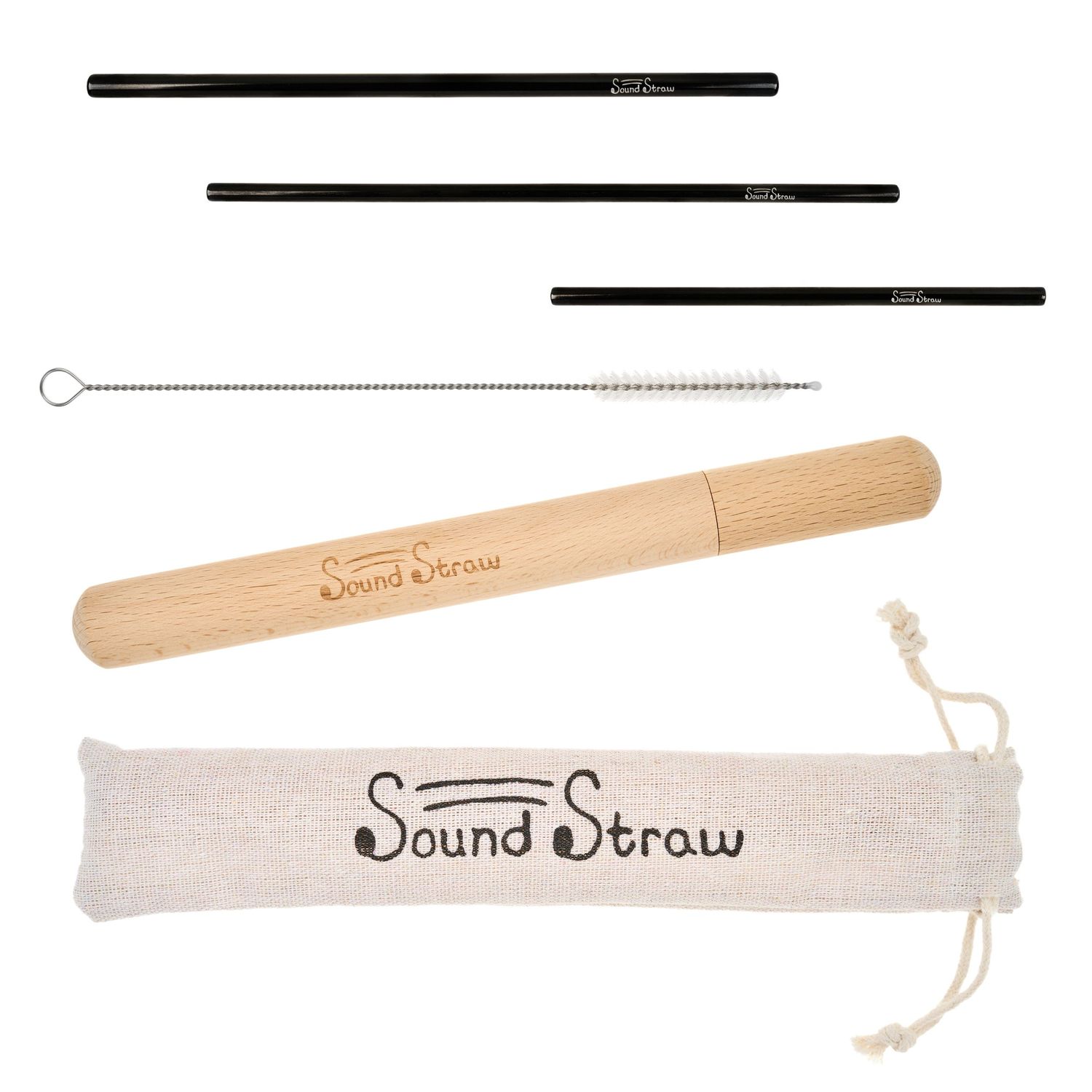 Eco-friendly bamboo drinking straw with cotton storage pouch and cleaning brush featuring Sound Straw branding.