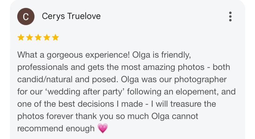 A screenshot shows a five-star review testimonial about a professional photography session experience.
