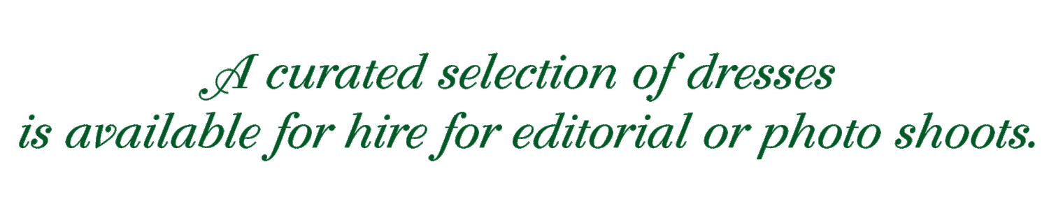 Handwritten green text on white background advertising rental dresses available for editorial and photo shoots.