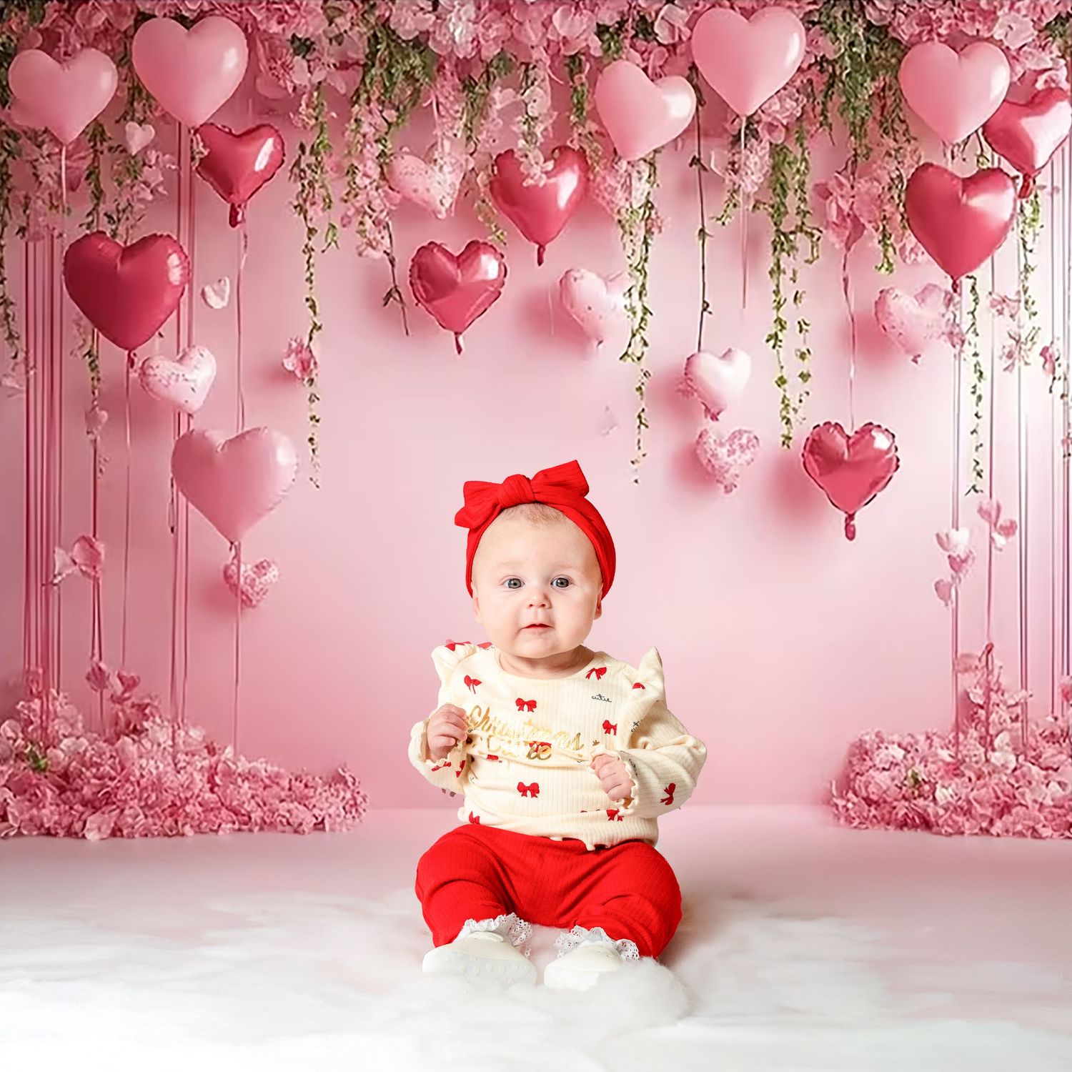 Pink and red heart balloons with floral decorations create a romantic Valentine's Day photography backdrop.