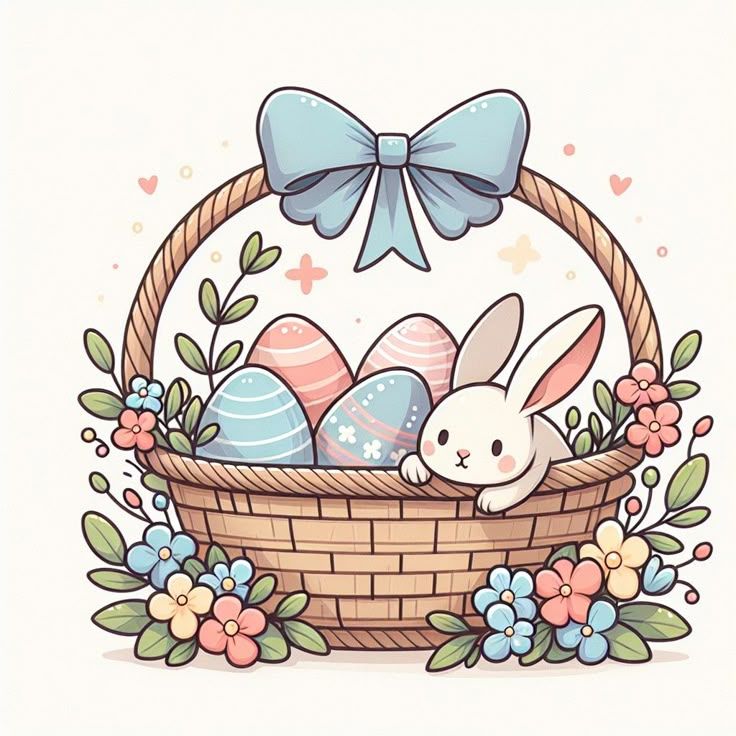 Cute Easter basket illustration with decorated eggs, bunny, blue bow, and pink and blue flowers in kawaii style.