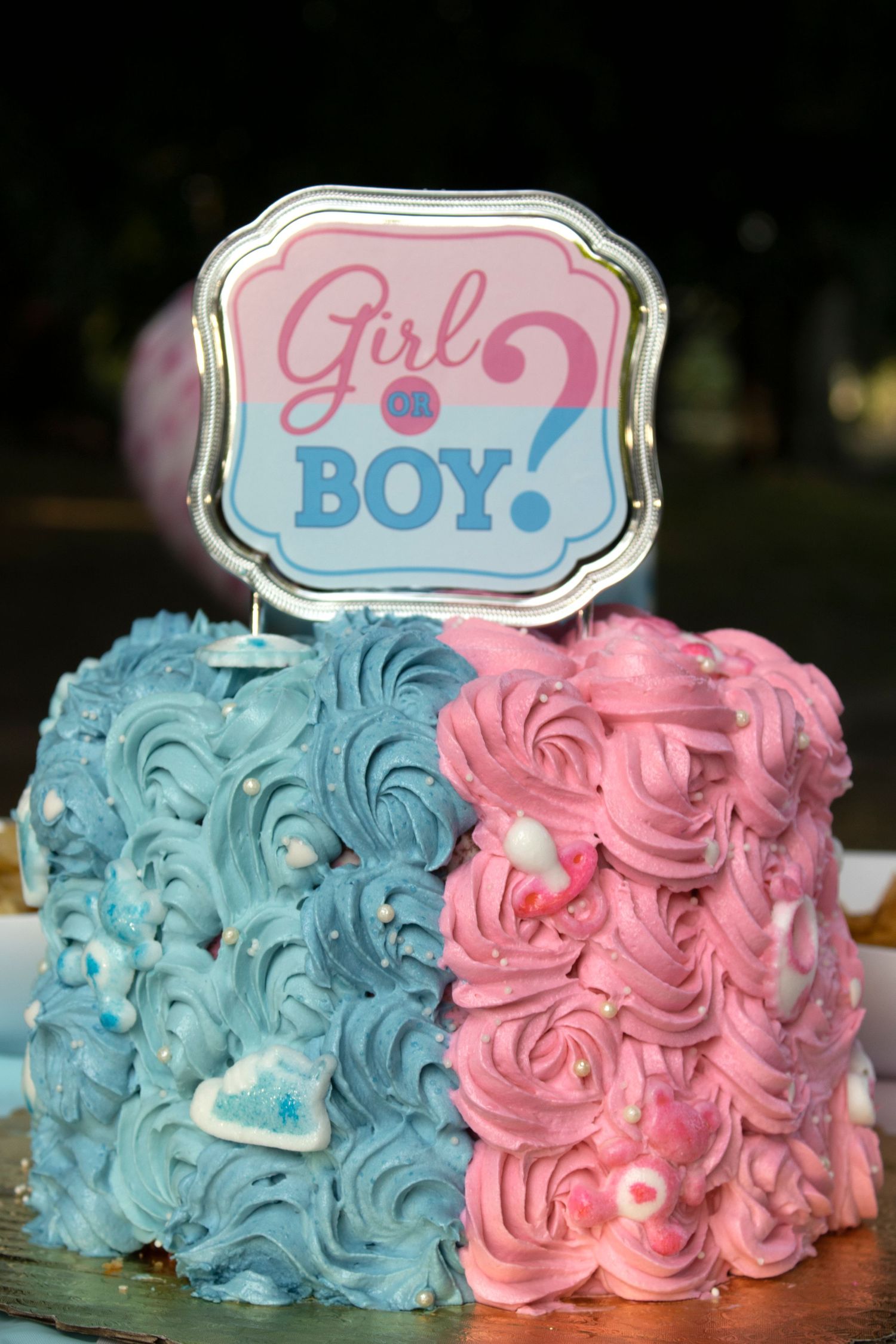 Gender reveal cake with pink and blue swirled rose frosting and a 'Girl or Boy?' topper for a baby shower celebration.