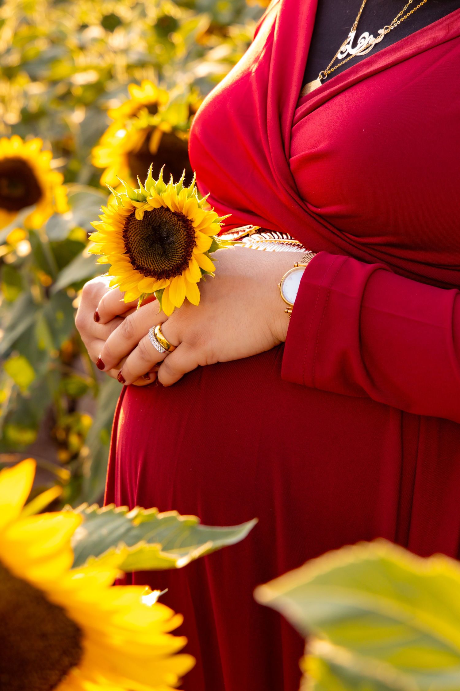 A pregnant woman in a red dress holds a sunflower in a field of bright yellow sunflowers during golden hour.