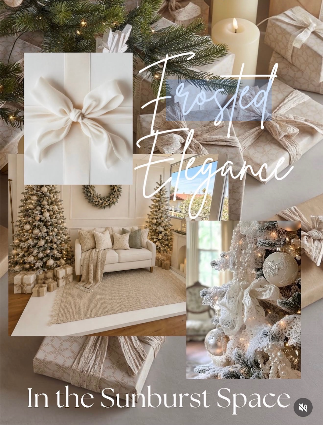 Frosted Elegance holiday mood board featuring white gift wrapping, flocked Christmas tree, and neutral winter decor by Sunburst Space.