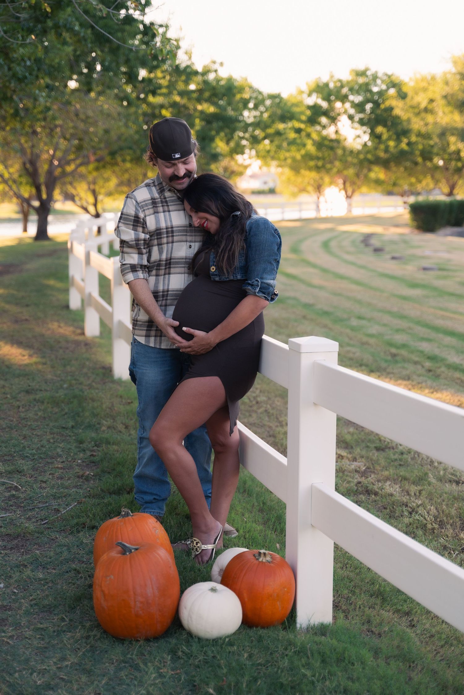 Three pumpkins sit beside a white wooden fence during golden hour on a grassy hill.