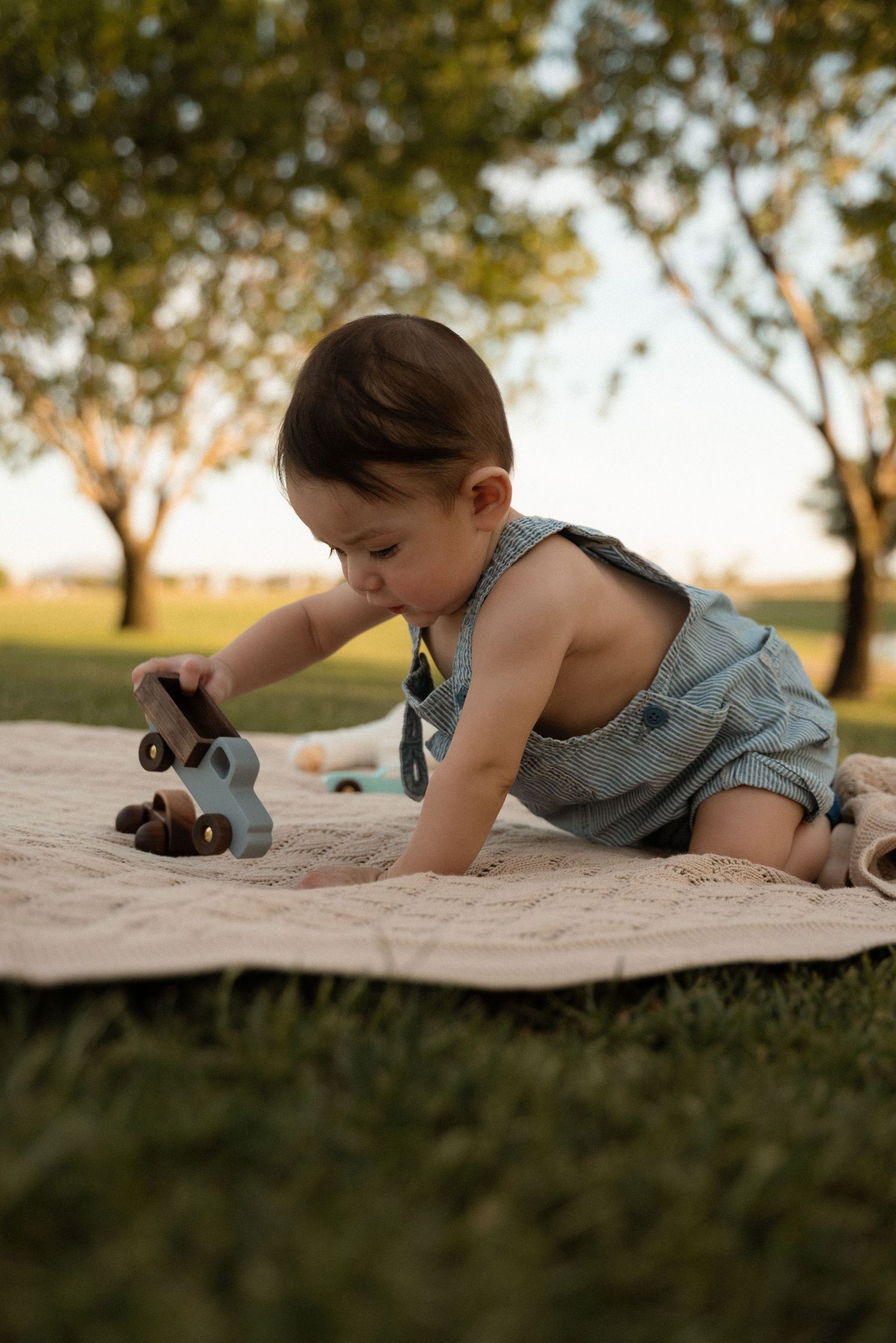 A baby in denim overalls plays with a wooden toy car on a blanket in a sunny park.