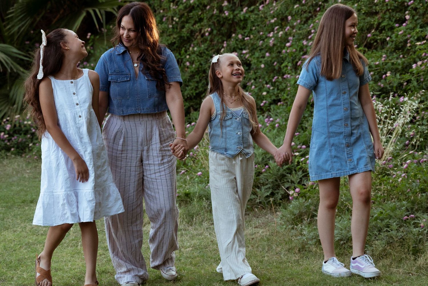 Collage showing people walking outdoors in summer casual wear with a mix of denim jackets and white dresses.