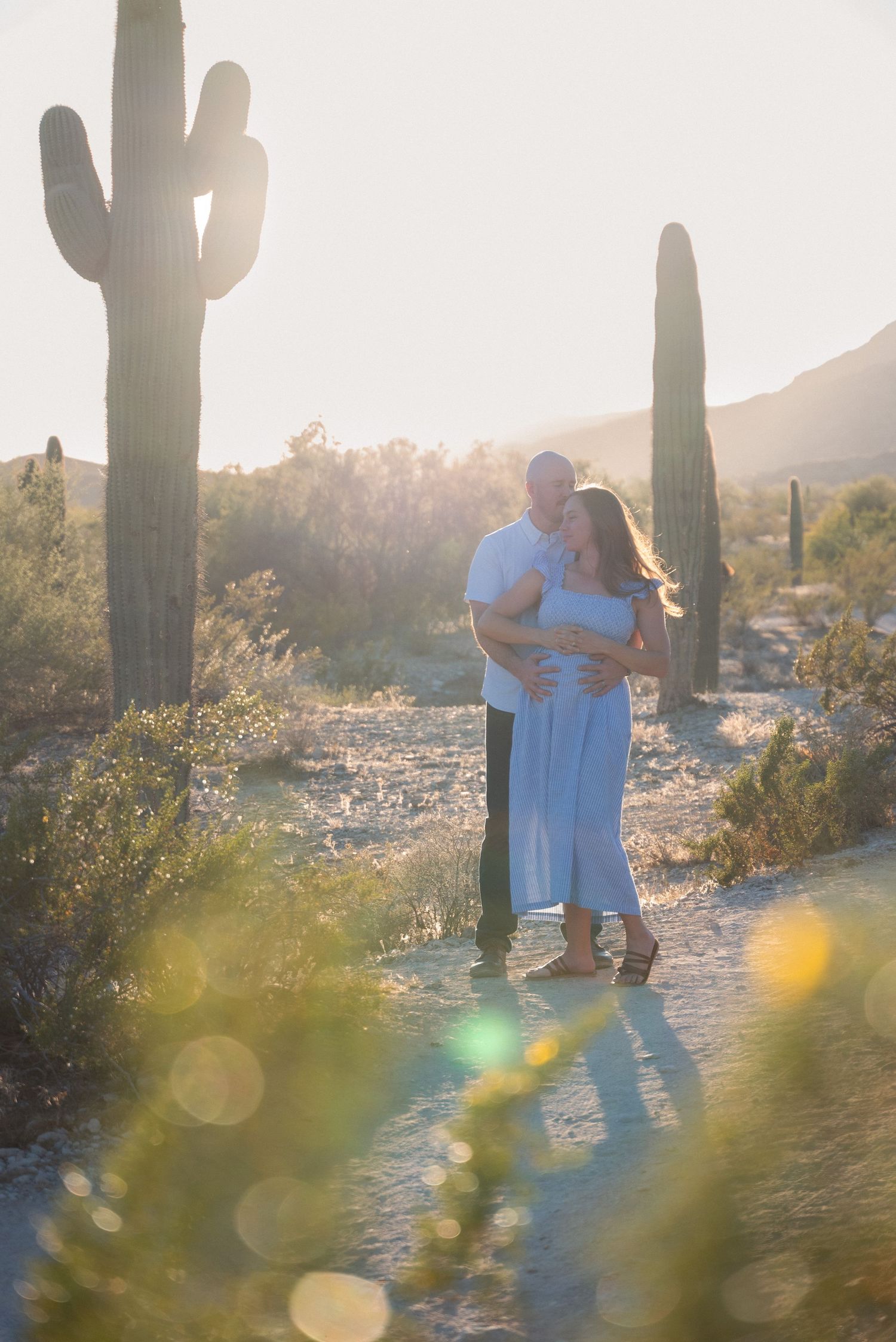 Desert engagement photo session at sunset with saguaro cactus silhouettes creating a romantic desert atmosphere.