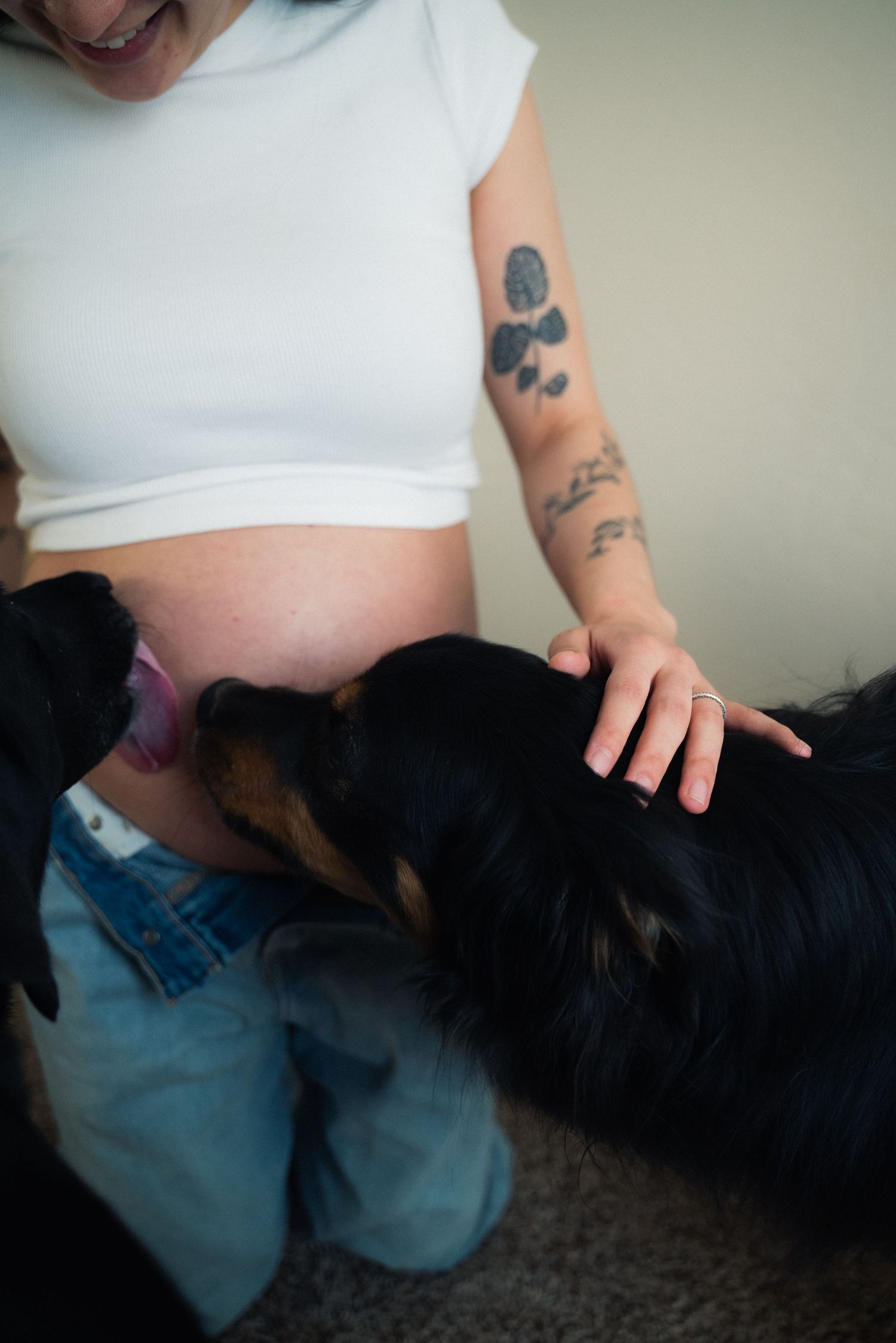 A person wearing a white shirt gently pets a black dog while sitting together.