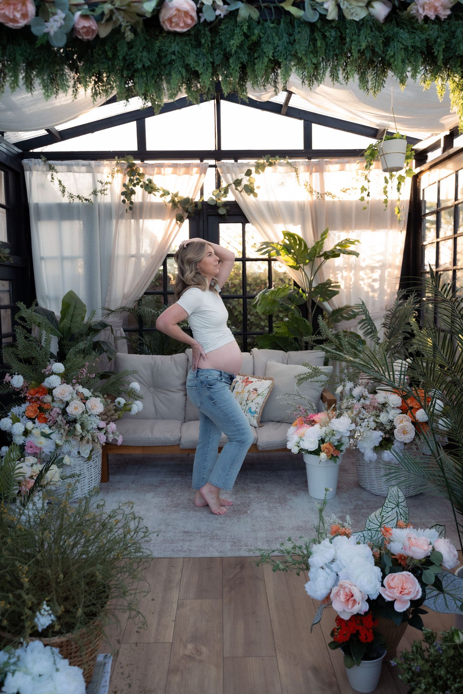 A series of outdoor patio scenes with white floral arrangements and sheer curtains creating an elegant garden party atmosphere.