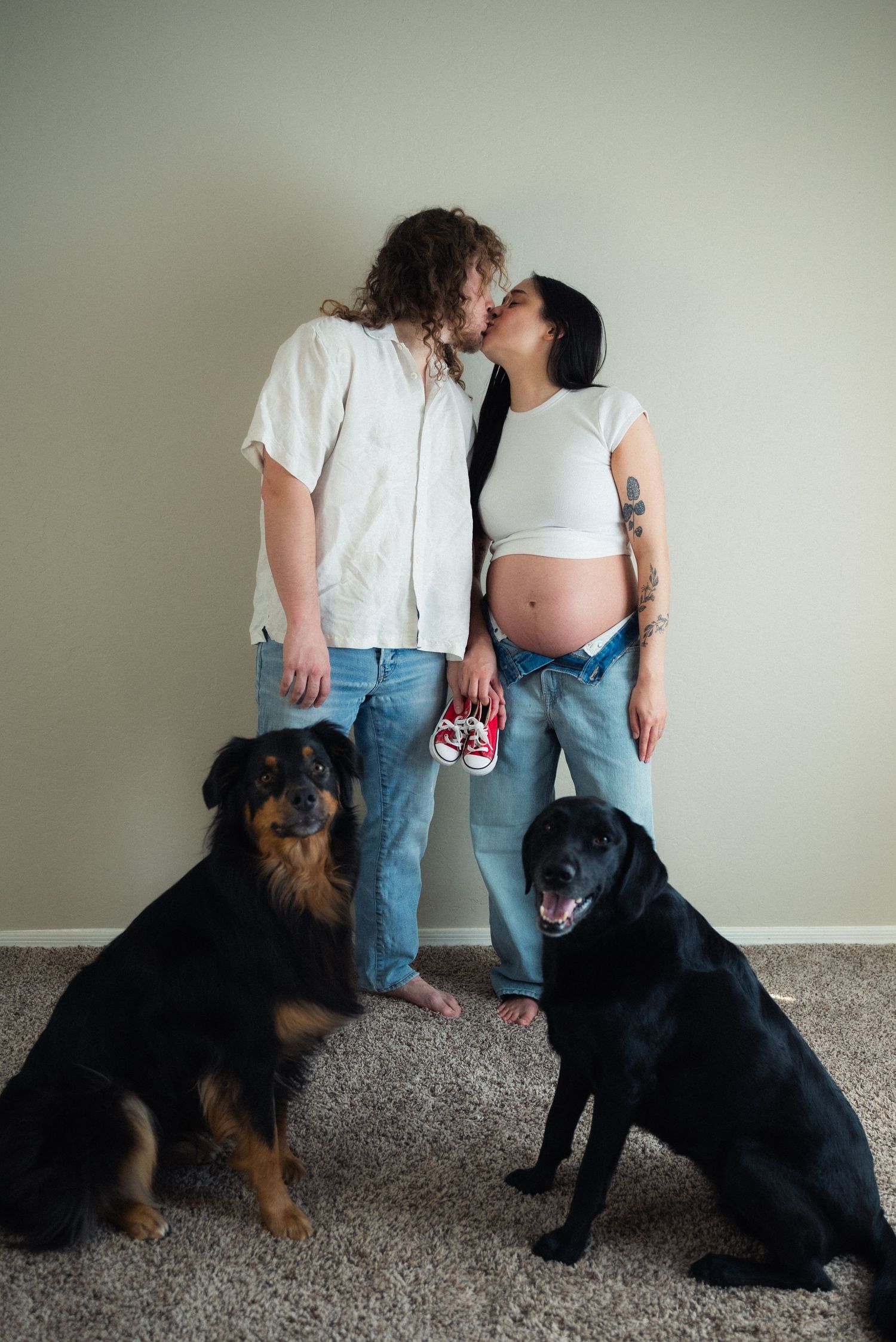 A couple's pregnancy photoshoot with three dogs including a rottweiler and black lab on a carpeted floor.