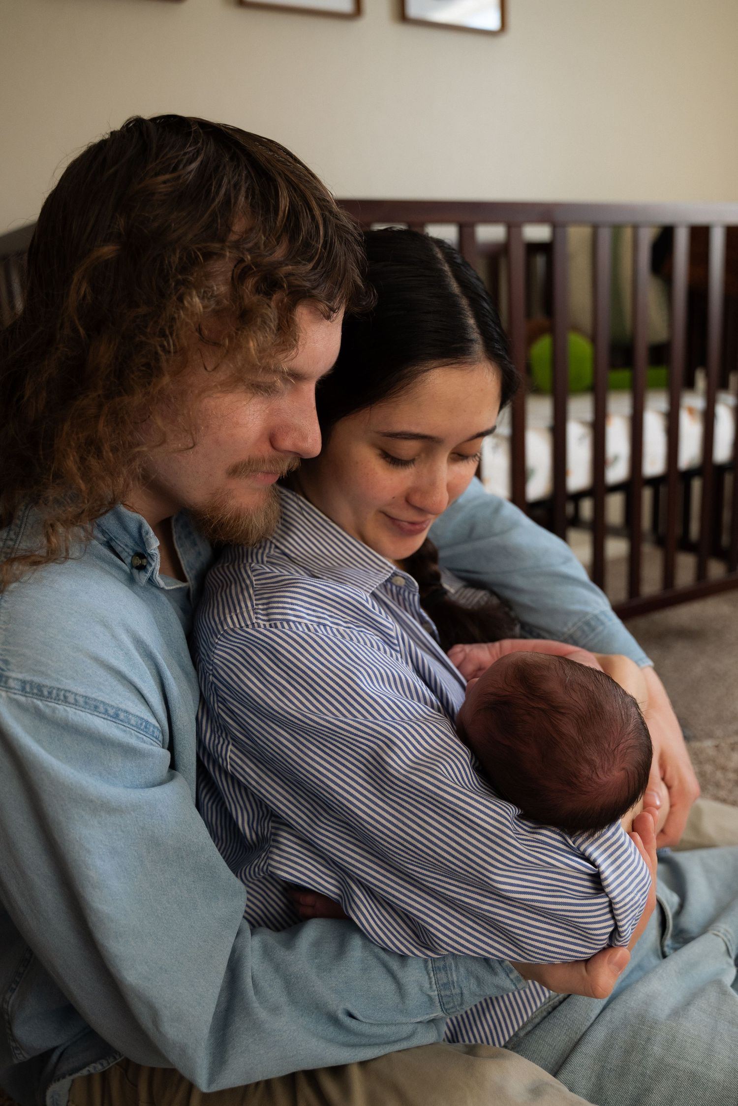 A series of tender family moments showing parents cradling a newborn baby.