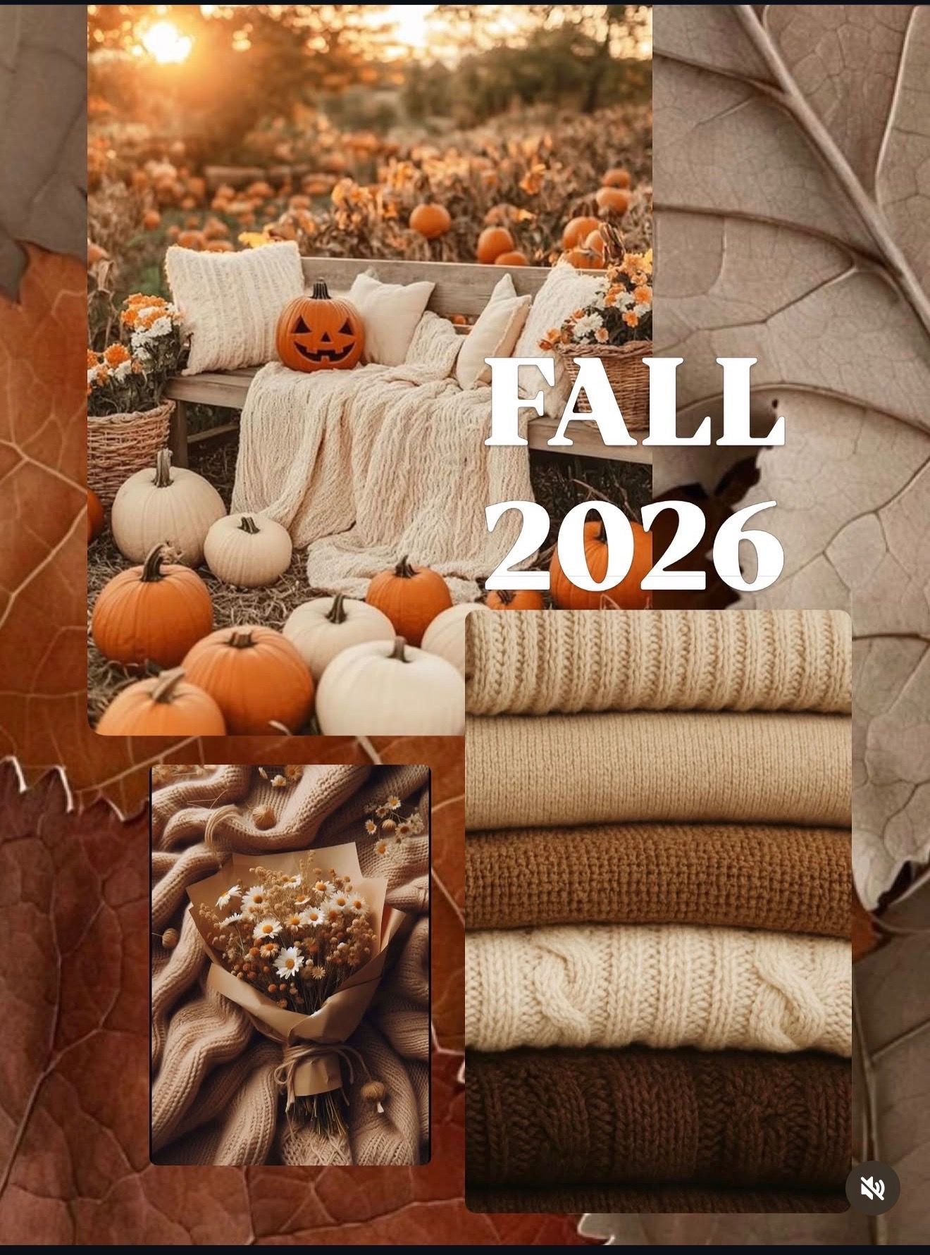 Fall 2026 autumn collage featuring pumpkins, cozy knit sweaters, warm blankets, and seasonal harvest decor in orange and cream tones.