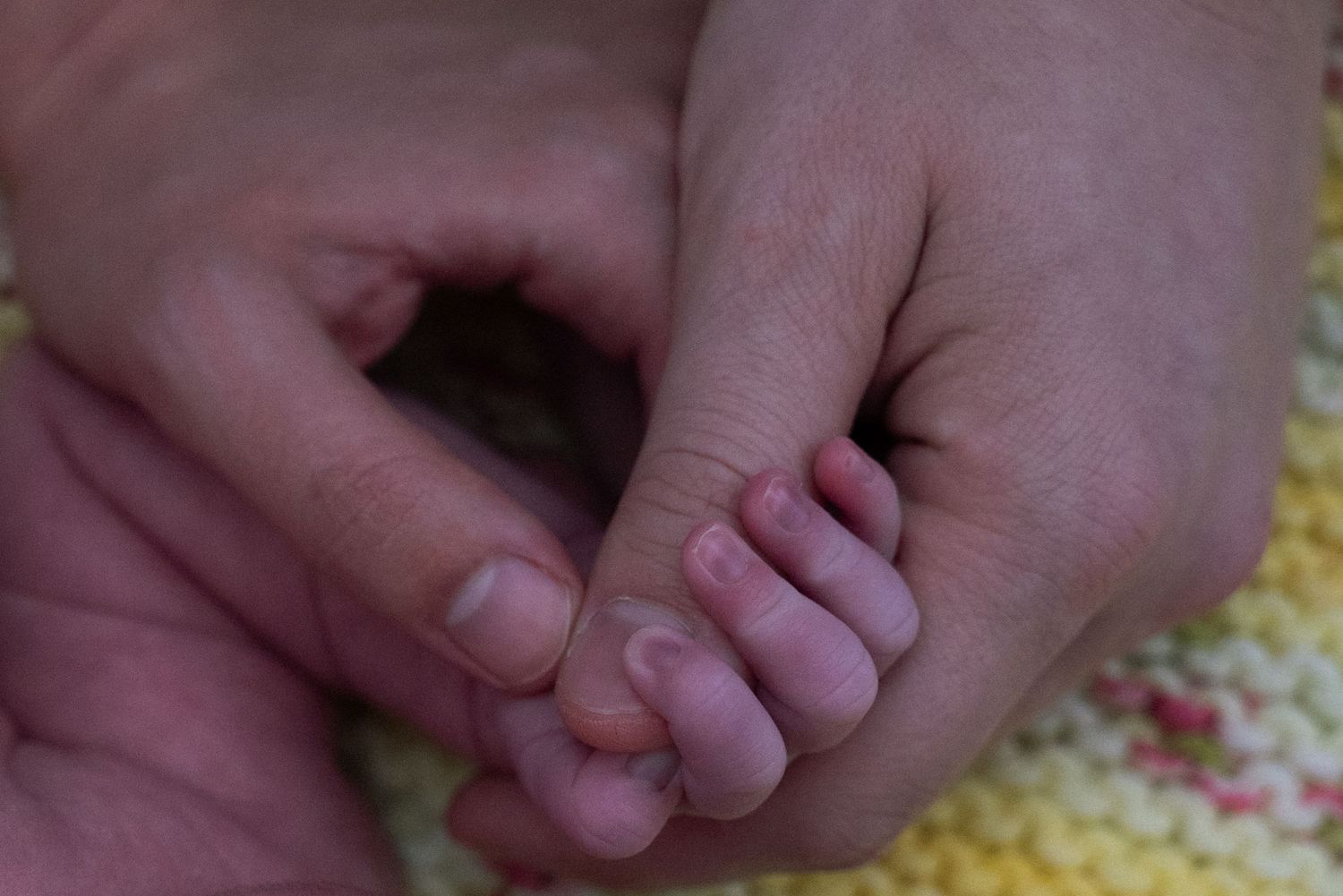 A tiny baby's hand gently held by an adult's caring hands against a yellow knitted blanket background.