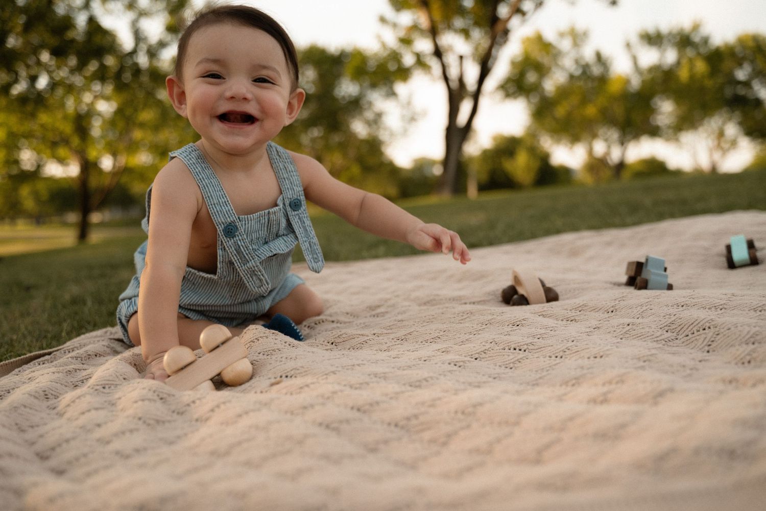 Happy baby boy in denim overalls playing with wooden toys on a blanket outdoors in a sunny park.