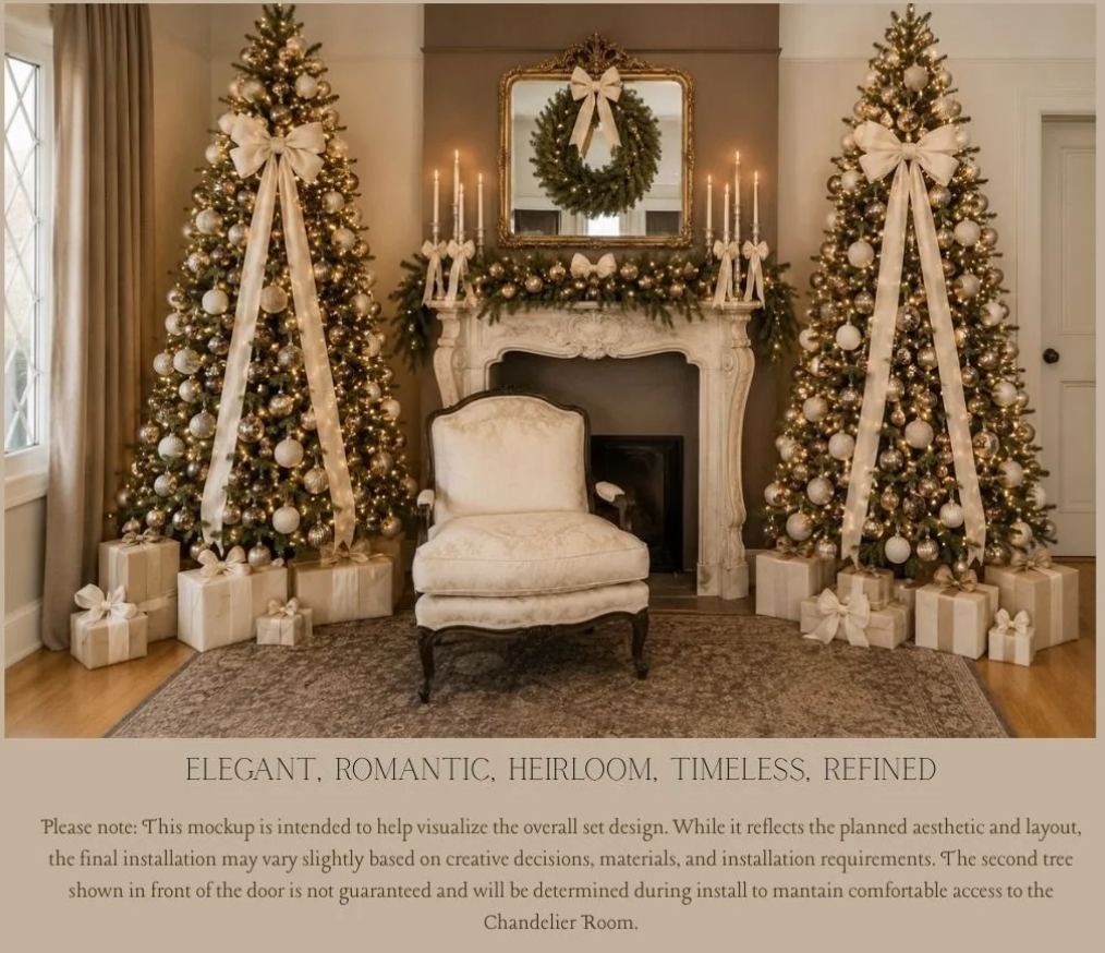 Elegant Christmas living room with decorated trees, wreath, candles, and a white chair by a fireplace in a timeless holiday setting.